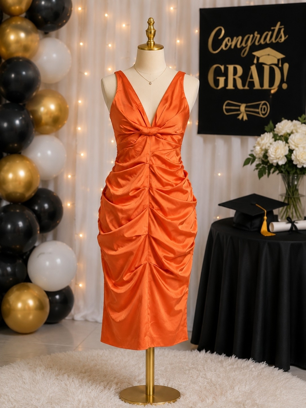 V-Neck Orange Satin Ruched Midi Dress
